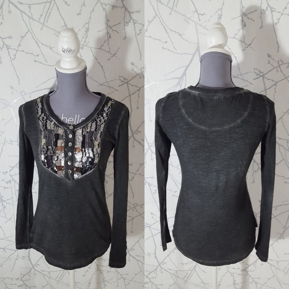 Free People Sequined Gray Burnout Popover Henley Long Sleeve Whimsigoth Y2K